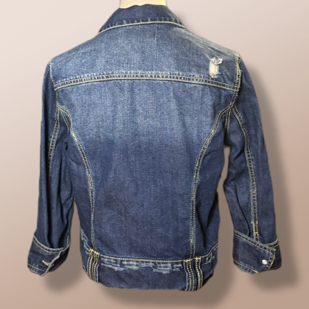 Democracy Distressed Denim Jacket with Yellow Stitching and Bronze hardware EUC - Picture 3 of 11